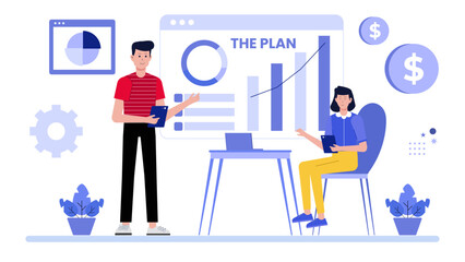 Business plan presentation with two colleagues. Ideal for business, teamwork, collaboration, strategy, workplace, meeting, presentation, brainstorming concepts.