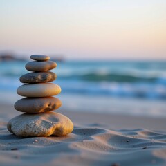 Smooth stones stacked on a sandy beach with blurred ocean waves and a soft sunset sky in the background.