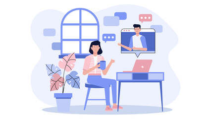 Woman video conferences while drinking coffee at her desk. Suitable for business presentations, remote work, technology, modern lifestyle concepts.