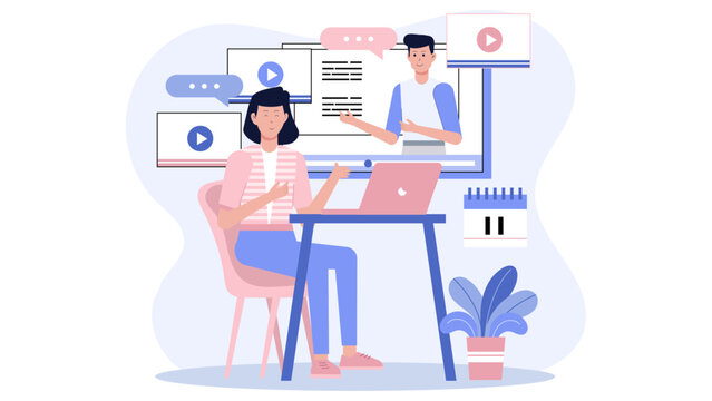 Online class between a student and instructor, perfect for educational concepts, eLearning websites, virtual classrooms, and online training modules.