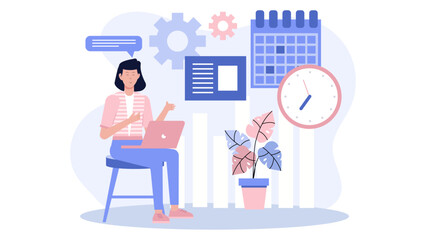 Woman working on her laptop near a clock and calendar, suitable for time management, productivity, scheduling, remote working concepts.