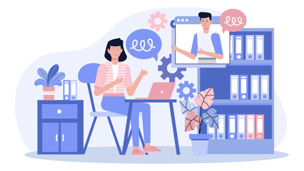 Woman and man video conferencing at desk, suitable for technology, communication, remote work, and business concepts in designs and projects.