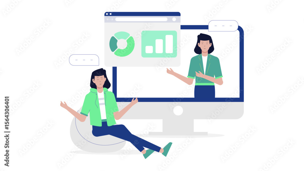 Poster two women discussing data on a computer screen; suitable for technology, business, teamwork, and off
