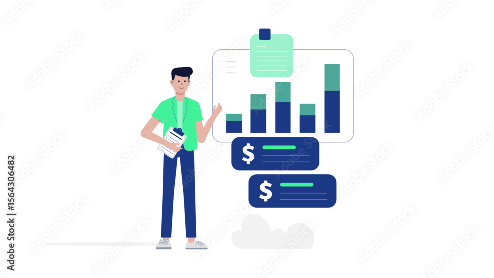 Poster man presenting financial data graphs and notes, suitable for presentations, reports, articles, and b