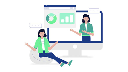 Two women discussing data on a computer screen; suitable for technology, business, teamwork, and office related concepts in presentations or blogs.