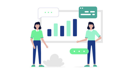 Two women presenting a bar graph of business data, suitable for presentations, reports, marketing materials, and financial content.