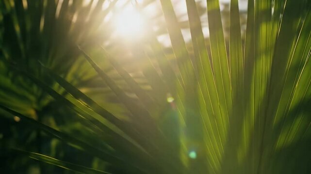 Closeup green palm frond detail sunlight and shadow