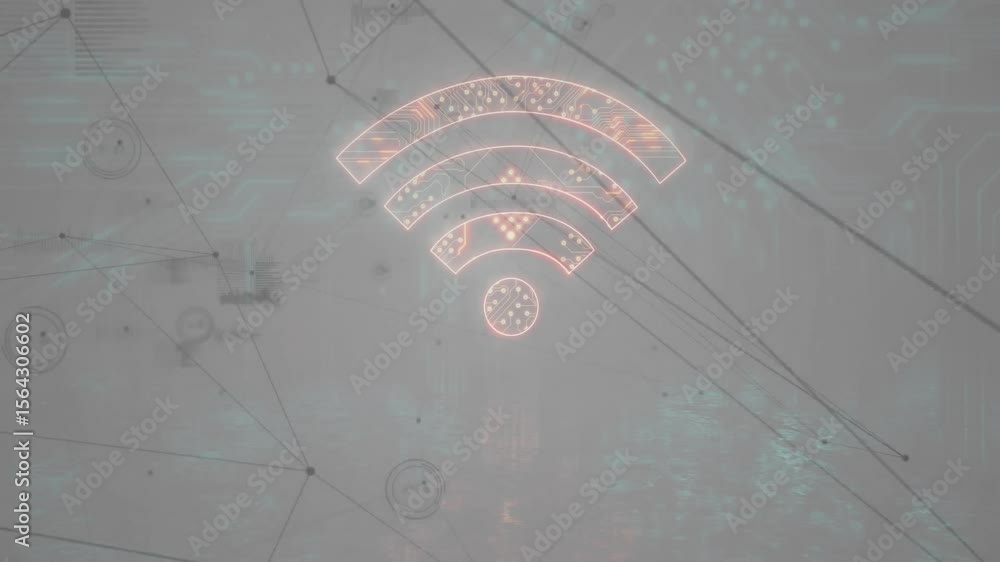 Poster dimmed wi-fi symbol lighting up and drawing pulsing data lines while showing digital connection