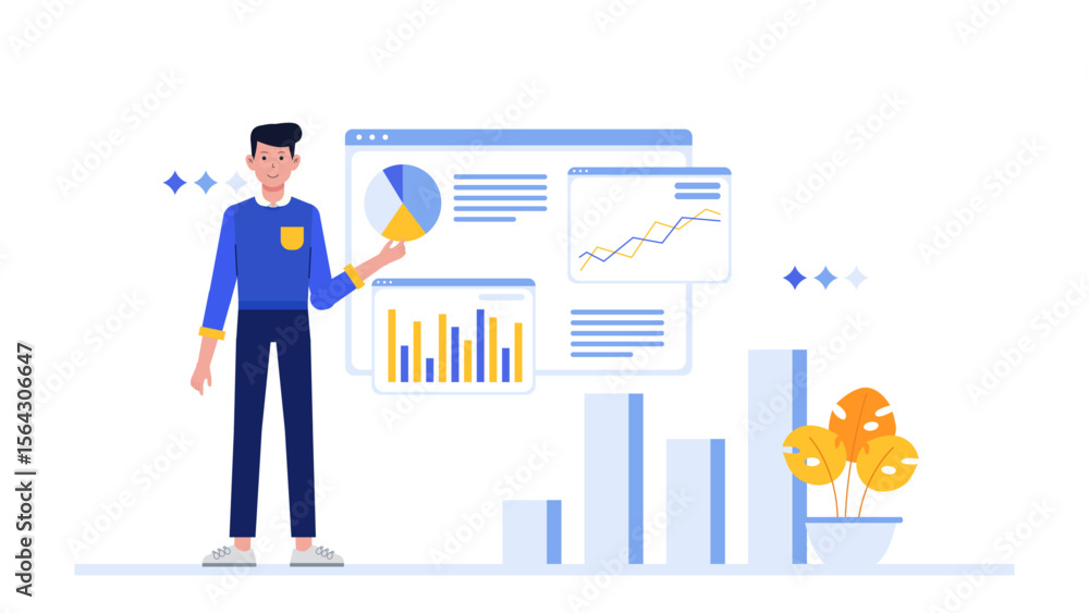 Poster man presenting data charts and graphs on a digital screen. perfect for business presentations, finan