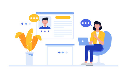 Woman video chats online reviewing a profile, suitable for social media, online dating, technology, communication, and relationship concept designs.