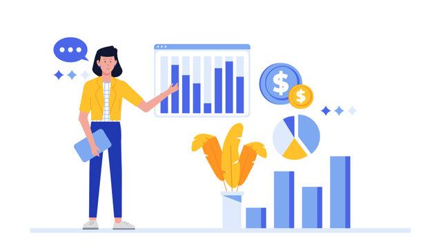 Woman showing financial data with graphs and charts. Suitable for business presentations, reports, finance blogs, and investment related content.