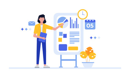 Woman presenting data on a whiteboard ideal for business presentations, educational materials, reports, corporate training, seminars, academic resources.