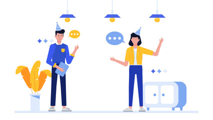 Two people joyfully wear party hats in an office setting, perfect for business celebrations or office partythemed designs.