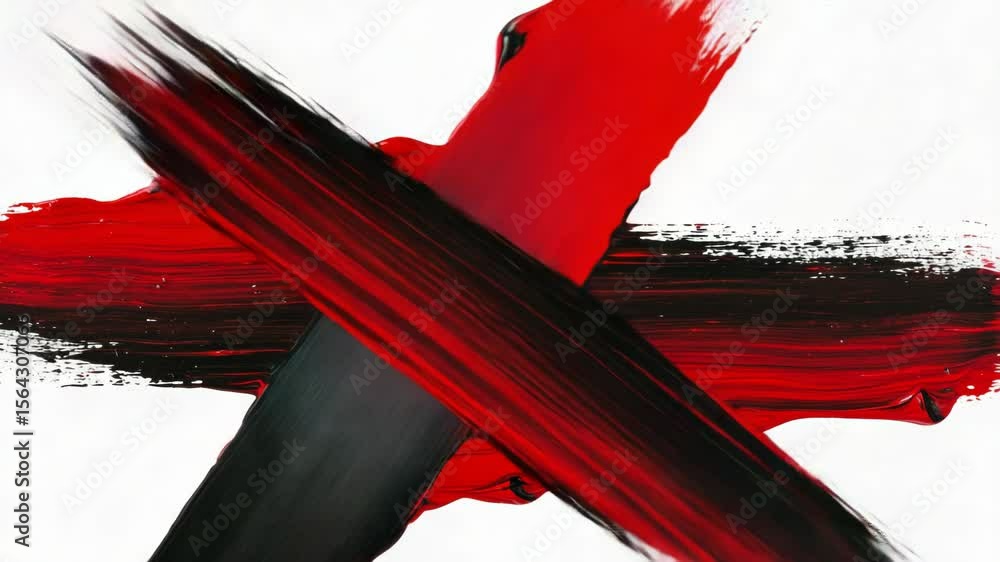 Poster bold red and black paint strokes intersect to form an abstract cross on a white canvas