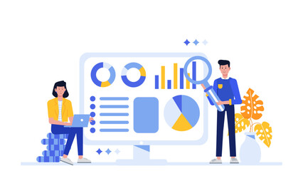 Data analysis illustrated through people collaborating, referencing charts, and interpreting graphs, ideal for business presentations or financial reports.
