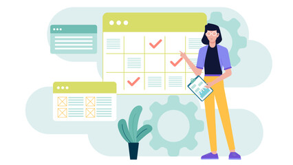 Woman reviewing a project schedule; suitable for business presentations, project management articles, team meetings, and project planning resources.