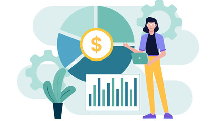 Woman presenting financial data charts and graphs. Suitable for business presentations, financial reports, marketing materials, websites, and educational materials on data analysis and statistics.