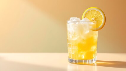 Fototapeta premium Chilled lemon drink in a textured glass with ice cubes and a lemon slice garnish. Perfect for summer-themed content, beverage ads, or refreshing drink menus