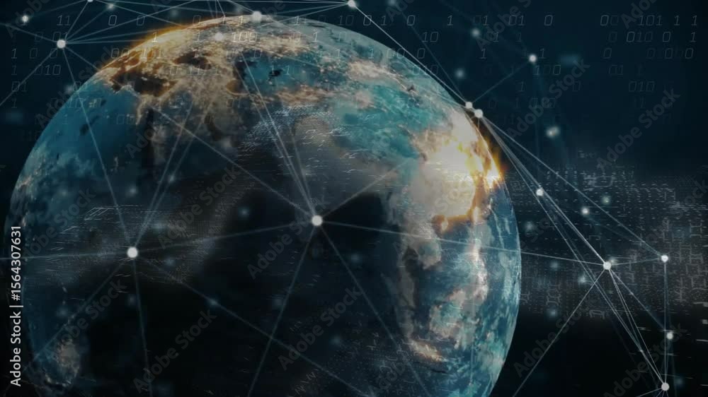 Poster partial glowing digital earth starting mesh forming around rotating globe while showing data flow