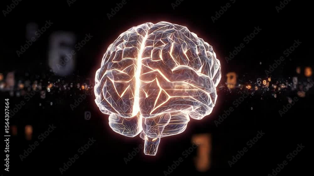 Poster a digital brain with glowing connections and floating numbers against a black background