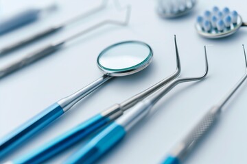Flat lay of dental instruments like mirror, probe, tweezers, on white sterile background, clean soft lighting, dental clinic concept.