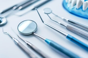 Flat lay of dental instruments like mirror, probe, tweezers, on white sterile background, clean soft lighting, dental clinic concept.