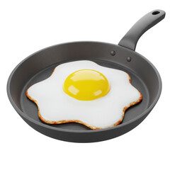 Tasty fried egg cooking in a black frying pan, ideal for breakfast food concepts, isolated on a transparent background, png, cutout