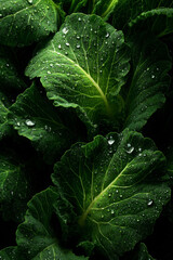 Fresh kale leaves glistening with dew, showcasing vibrant green colors and intricate textures
