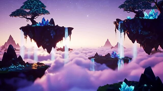 Witness the ethereal beauty of floating islands drifting in a sea of iridescent clouds as twilight embraces them