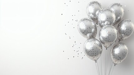 Silver balloons and confetti falling against a white background.