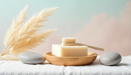 Tranquil Spa Scene Natural Soap Bamboo Brush Stones Pampas Grass