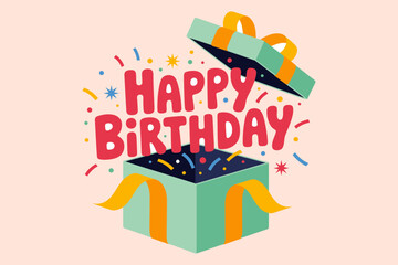 Happy birthday message in open gift box; suitable for birthday cards, invitations, celebrations graphics, and social media posts.