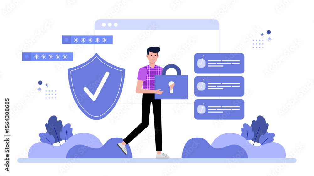 Poster illustration of a man securing data with a padlock and shield. suitable for cybersecurity concepts, 