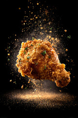 Crispy fried chicken thigh mid air with golden crumbs and herbs, creating delicious visual