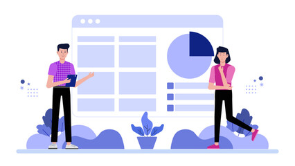 Presentation features two people discussing data shown on a pie chart, suitable for business meetings, teamwork, statistics, analysis concepts.