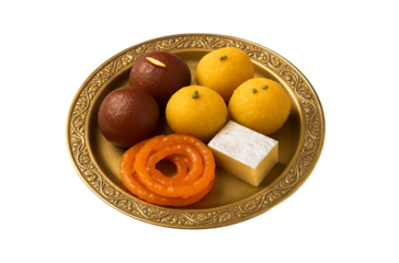 Traditional Indian Sweets Thali on Decorative Plate – Gulab Jamun, Jalebi, Laddoo isolated on transparent Background PNG