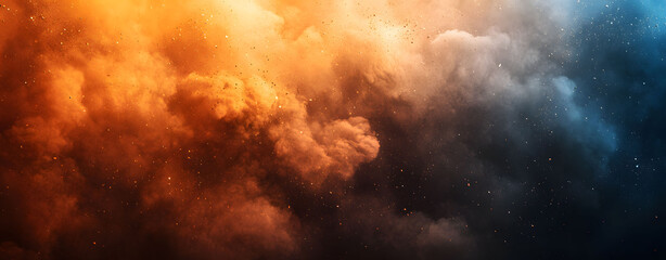 Dramatic sky with fire and smoke in dark storm clouds at sunset