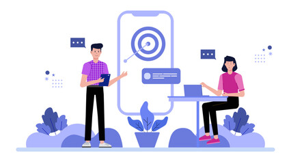 Two colleagues collaborate on mobile apps target goals. Suitable for technology, teamwork, business, app development, and goalsetting concepts.