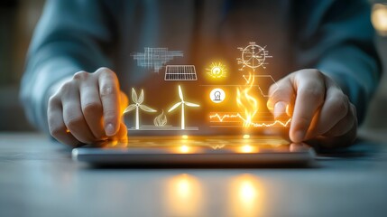 Sustainable Future: A person touches a tablet displaying holographic icons of solar panel, wind turbine, and electricity, symbolizing a commitment to green energy and environmental protection.