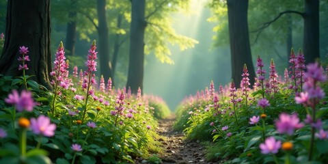 Sunlit Path Through a Blooming Woodland Meadow, Soft Light Illuminating Delicate Pink Flowers and Lush Green Foliage
