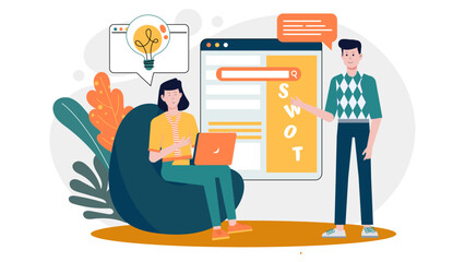 Two people discussing a SWOT analysis on a laptop with a webpage open; suitable for business presentations and marketing materials.