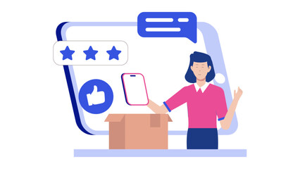 Positive online product review feedback. Suitable for marketing materials, website design, social media posts, customer testimonials, and product promotion.