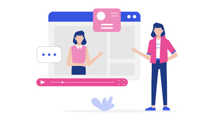 Illustration showing a woman presenting an online video tutorial. Suitable for eLearning platforms, tutorials, online courses, and digital marketing content.