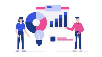 Two people showing data charts and sharing a lightbulb idea, ideal for business presentations, teamwork concepts, innovation discussions, brainstorming.