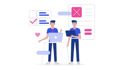 Two men collaborate on laptops and forms. Suitable for workplace, teamwork, collaboration, office, business, partnership, technology, and communication concepts.