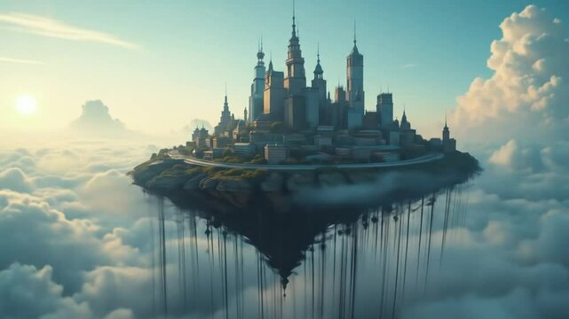 Enchanting aerial view of a floating city shrouded in clouds, surreal skyline panorama