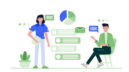 Two people analyzing charts, discussing business strategy and tasks. Suitable for presentations, websites, articles, and social media posts.
