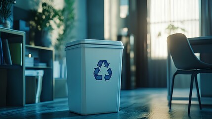 Recycling bin in clean room: A recycling bin sits in a clean and minimalist room, embodying sustainability and responsibility, a commitment to environmental preservation