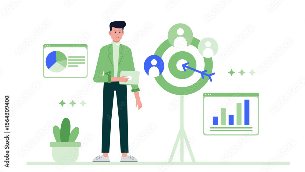 Poster businessman analyzing data to target customers efficiently. suitable for business presentations, mar