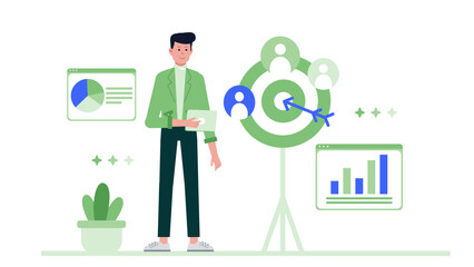 Businessman analyzing data to target customers efficiently. Suitable for business presentations, marketing materials, and website content related to data analysis.